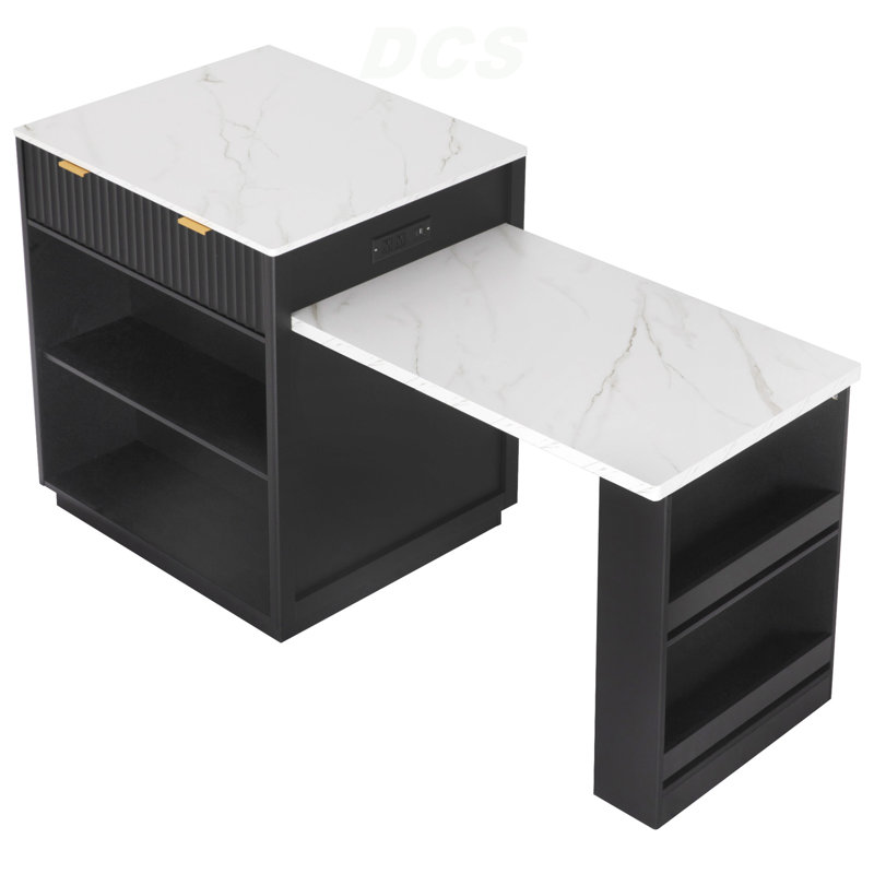 82.6" Fluted Kitchen Island With Extendable Dining Table For 4-6, Island Table For Kitchen With Power Outlet, Kitchen Table With Double-Side Storage, 2 Drawers 2 Side Open Shelves, Black, Kitchen Island