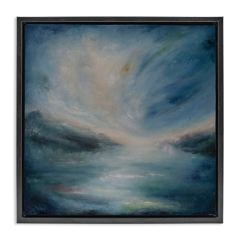  "Blue Hour", paysage abstrait par Lydia Orange, Cadre flottant noir de jais, H 18 po x l 18 po