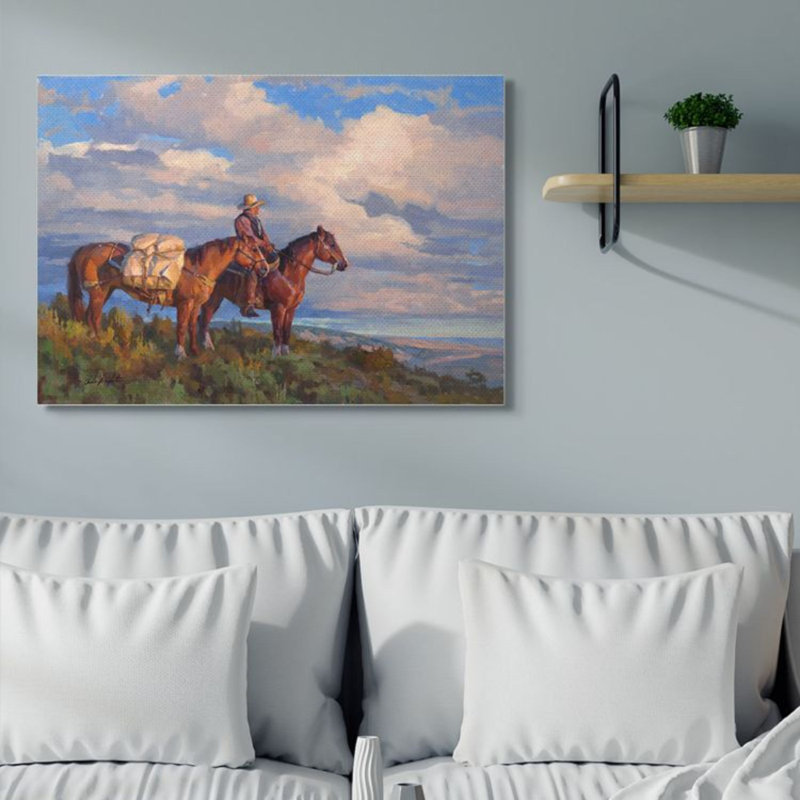 «Cowboy with Horses Countryside Hill Top» par Chad Poppleton - reproduction d'art, H 19 po x l 13 po, Plaque murale