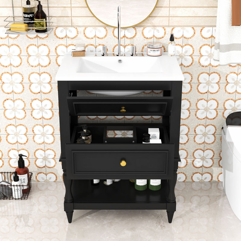 Meuble-lavabo autoportant rétro avec lavabo en céramique ultrabrillant, grand rangement et tablette ouverte, Noir