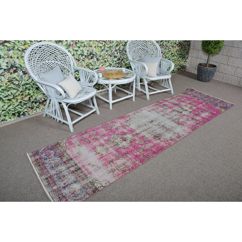 Tapis de couloir turc authentique tissé à la main avec motif floral rose antique