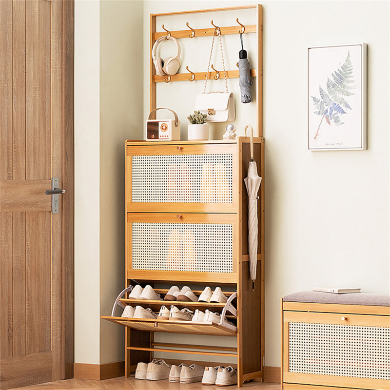 Shoe Cabinet With 3 Rattan Flip Drawers