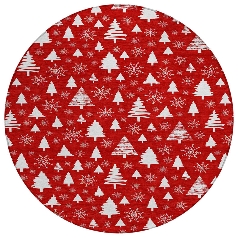 Machine Washable Indoor/Outdoor Christmas Tree Xhevrie Red Rug, Round 8'