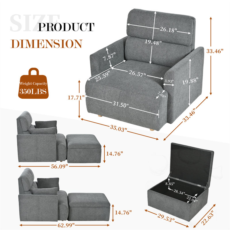 Chaise surdimensionnée avec repose-pieds avec rangement, Gris foncé