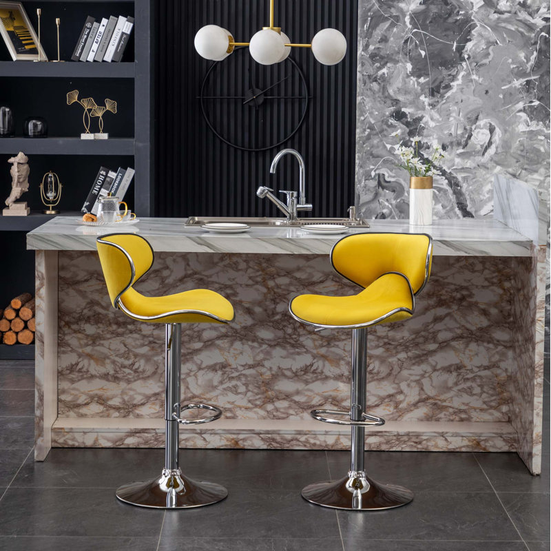 Annetra Velvet Upholstered Adjustable Swivel Barstool, Yellow