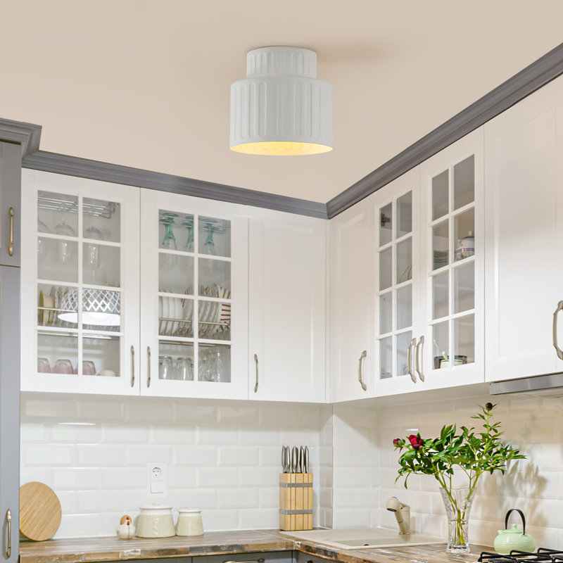1-Light Flush Mount Ceiling Light, Ceramic Effect Shade, Matte Off-White, Ribbed, Home Improvement, Dining Room, Kitchen