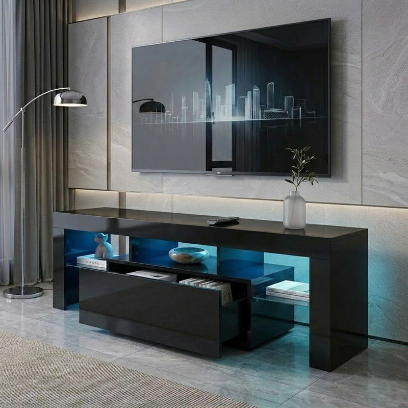 Brimlow Modern style TV stand with drawers and shelves, LED lights up to 58", Black