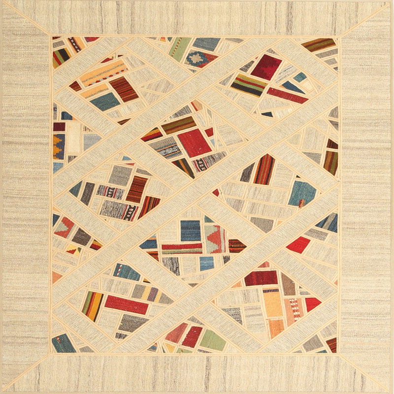 Tapis abstrait beige / rouge / brun, Carré 8 pi