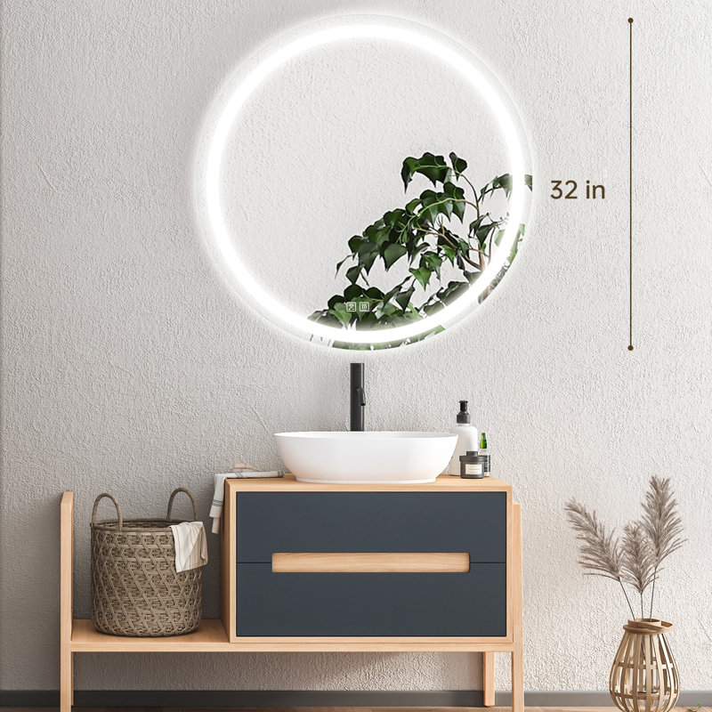 Naliyah Framelesss Round LED Bathroom Mirror with Lights, Makeup Mirror with Front and Backlit, Anti-Fog, 3 Colours and Dimmable Light