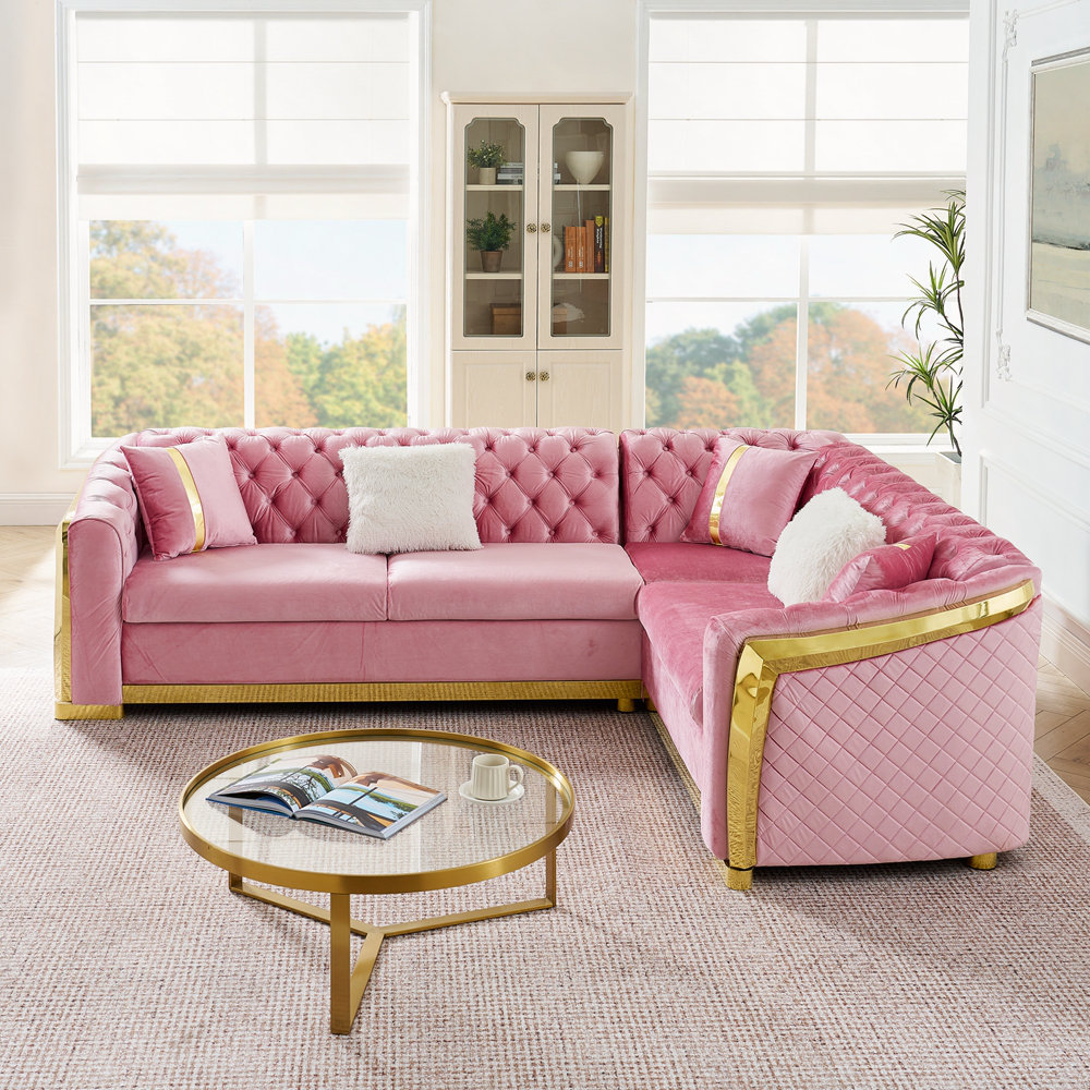 Everly Quinn 106 Inches L-Shaped Chesterfield Sectional Sofa Set with ...
