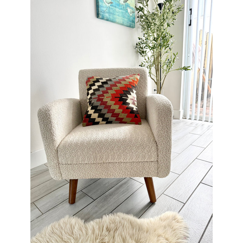 Ultra Comfortable Accent Chair, Mid-Century Modern Boucle Upholstered Armchair with Rubberwood Frame and Legs, Minimal Assembly Required, Cozy Chair for Living Room or Bedroom, Beige