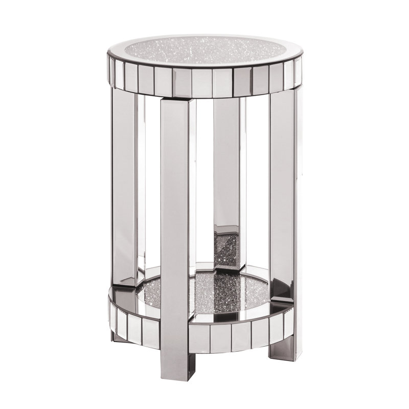 Table ronde à miroir avec incrustation de cristal, petit canapé moderne à 2 couches avec espace de rangement, table décorative argentée convenant au salon, à la chambre à coucher, au café et aux petits espaces