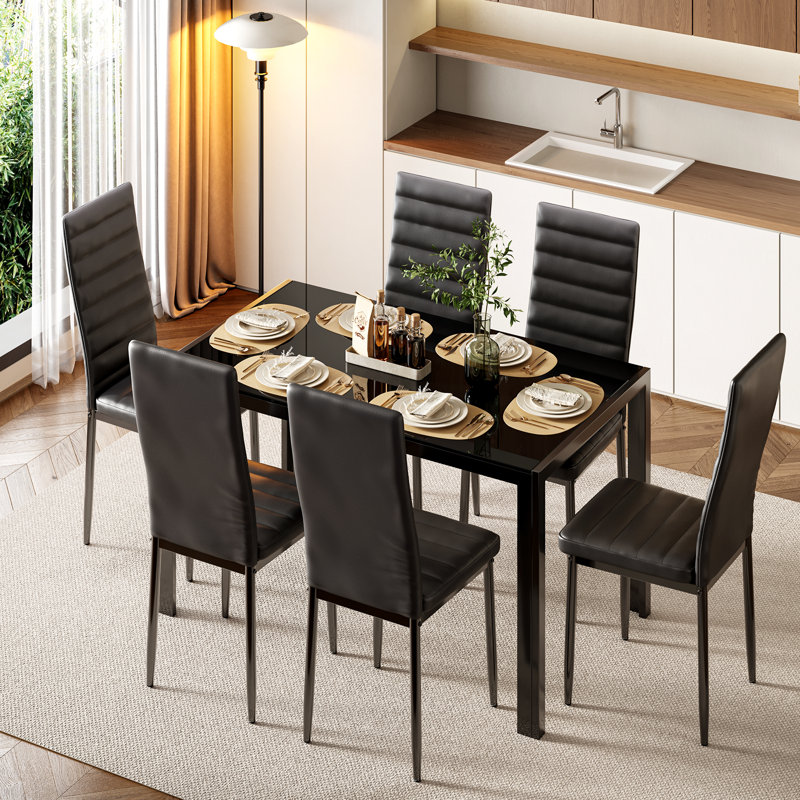 Ensemble repas 5 pièces Jehias, Noir, 7 pièces : table, 6 chaises