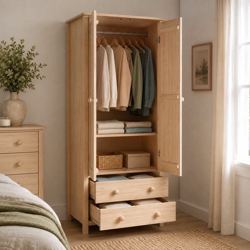 From the Tree Furniture Solid Wood Wardrobe – 2-Door Armoire with 2 Drawers, Unfinished Pine, 29.52″ W × 20.86″ D × 70.86″ H – Bedroom Closet Storage