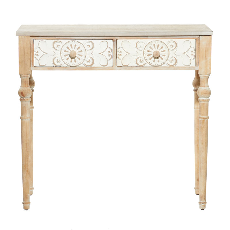 Fritsch Brown Wood Intricately Carved 2 Drawers Floral Console Table