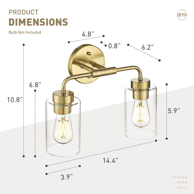 Vintage Dimmable Vanity Light, Glass Shade, 10.8" H x 14.4" W x 6.2" D, 2 Lights, Brushed Gold