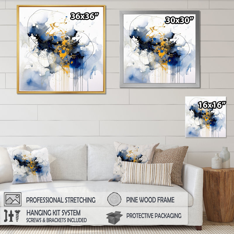 Bleu foncé et coups dorés X III, Cadre flottant doré, H 36 po x l 36 po x P 1,5 po