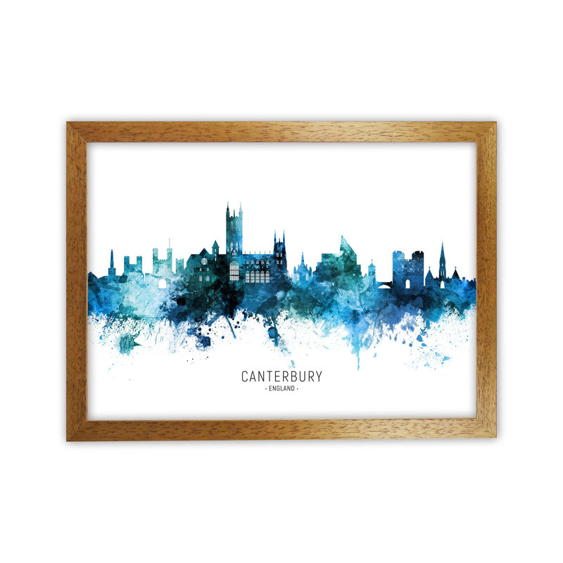Canterbury England Skyline Blue City Name by Michael Tompsett - Print, 25cm H x 34cm W x 3cm D, Oak Framed