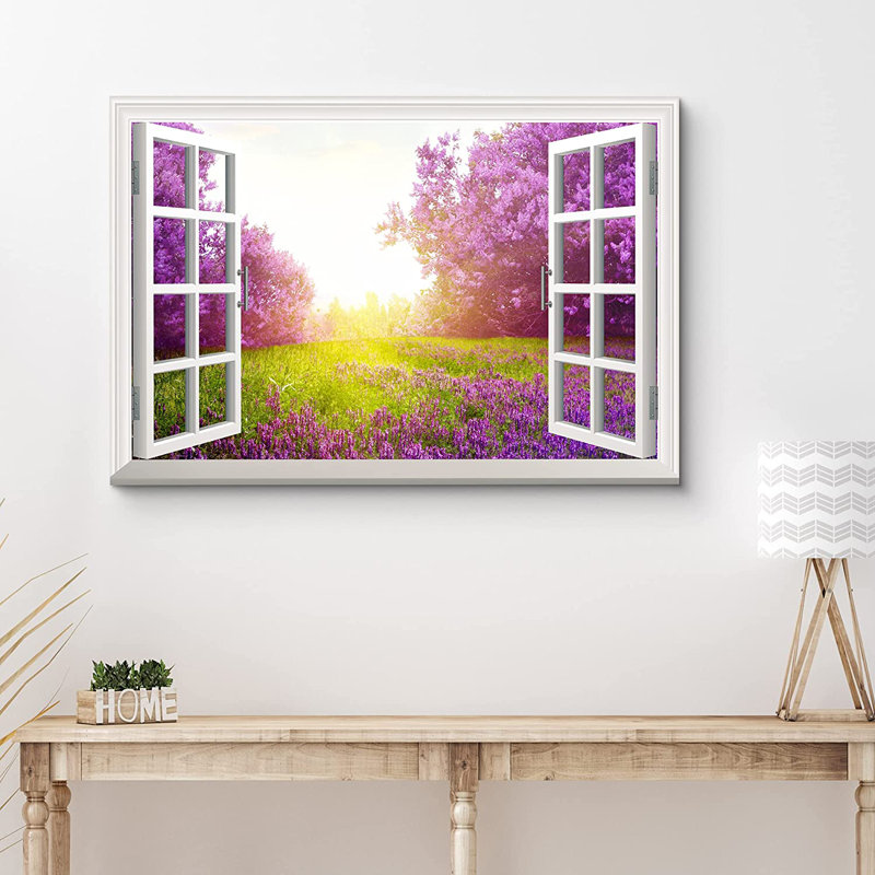 Fenêtre, paysage, fleur mauve et prairie verte sous un soleil éclatant - impression sur toile tendue, H 24 po x l 36 po