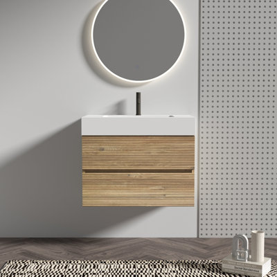 Meuble-lavabo Grace 30 en chêne brut + chêne brut avec lavabo en quartz blanc et tiroirs souples, meuble-lavabo mural flottant pour salle de bain moderne, sans drain ni robinet, KD