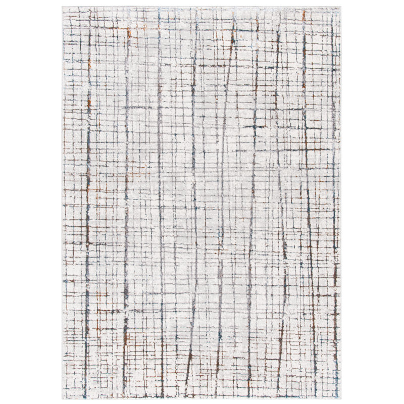 Tapis géométrique ivoire / brun / bleu, Rectangle 8 pi x 10 pi