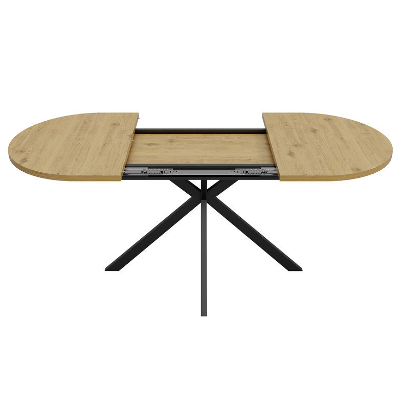Extendable Dining Table 120-160 x 80 cm, Oval Dining Table for 4-6 People, Self-Storing Extension Leaf, Black Metal Spider Legs, Modern Kitchen Dining Room Table, Warm Oak Effect