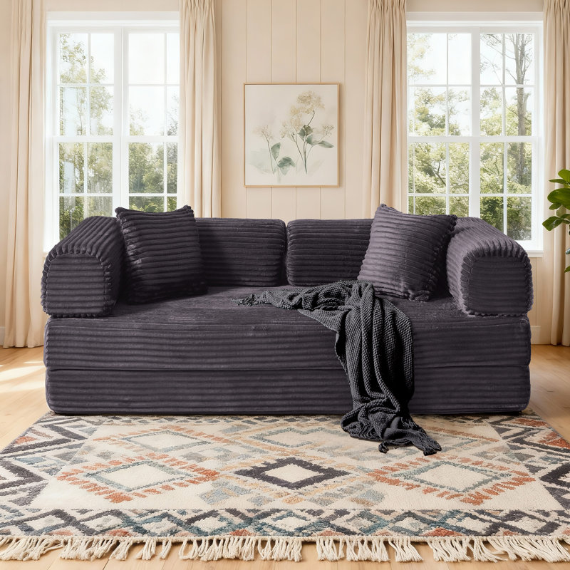 Convertible Sleeper Sofa Bed With 2 Pillows, Corduroy Folding Mattress Couch, No Assembly Required , Floor Sofa Lounge Couch For Living Room Small Spaces