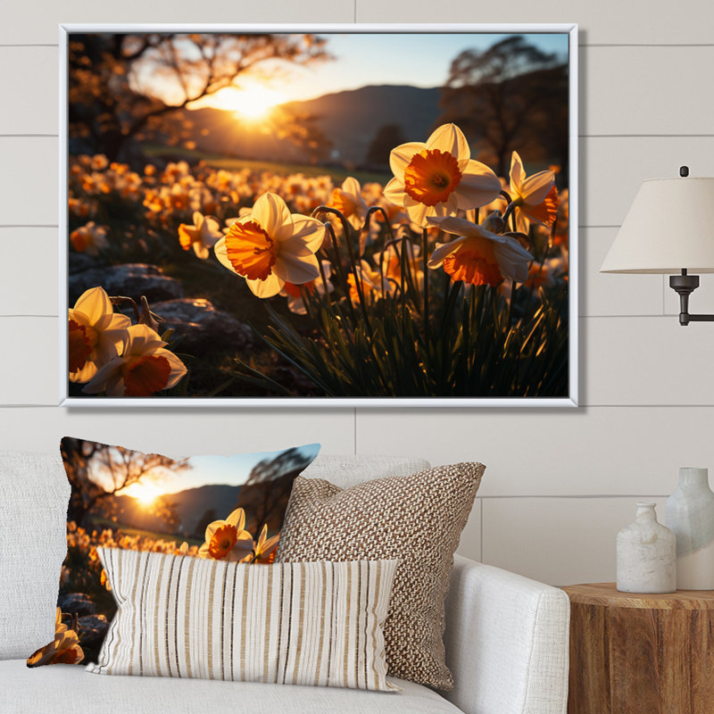Daffodils Field Sunrise III - Floral Wall Art Prints, H 12 po x l 20 po, Cadre flottant blanc
