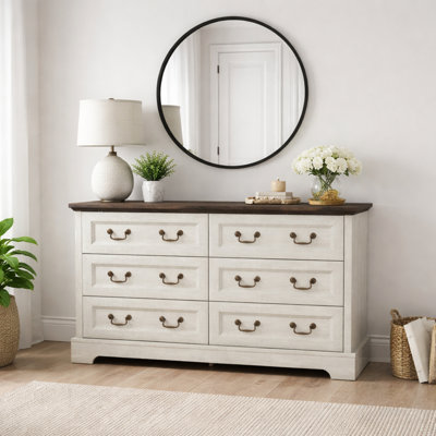Commode 6 tiroirs Farmhouse, commode rustique en bois avec poignées en métal, rangement spacieux pour les chambres et les salons