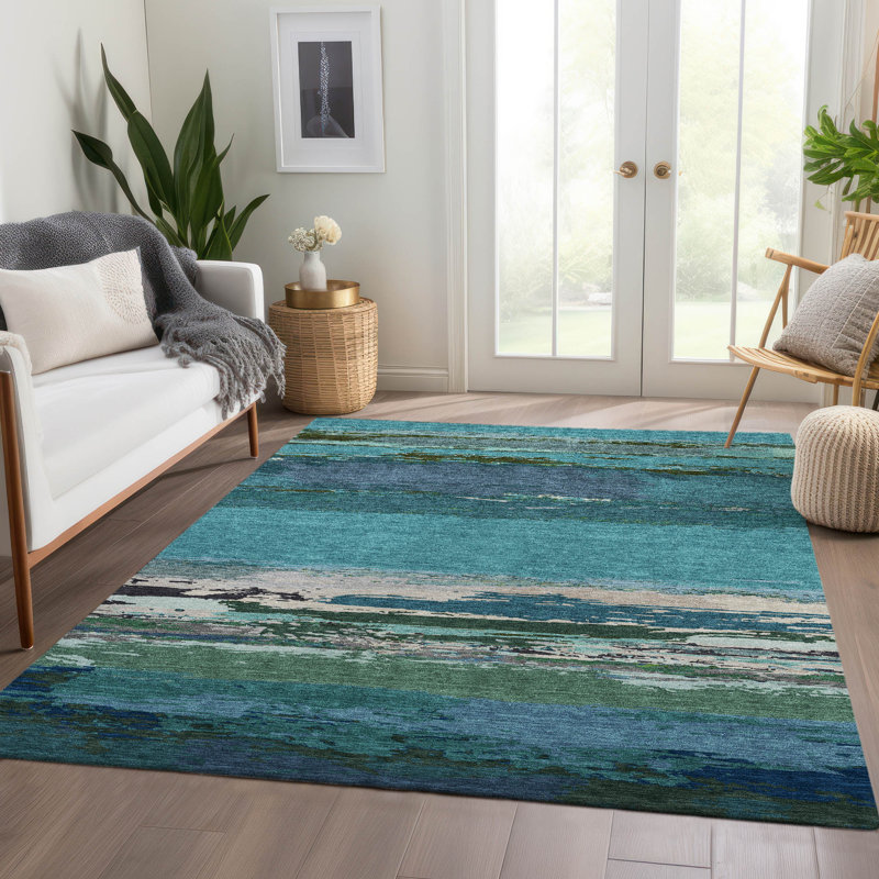 Teal and Blue Synthetic Stripe Indoor/Outdoor Rug, 5' x 7'6"