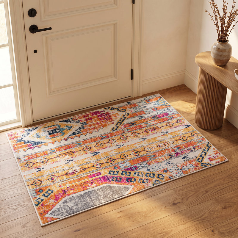Kymiere Orange and Ivory Southwestern Dhurrie Area Rug, Runner 2'3" x 11'