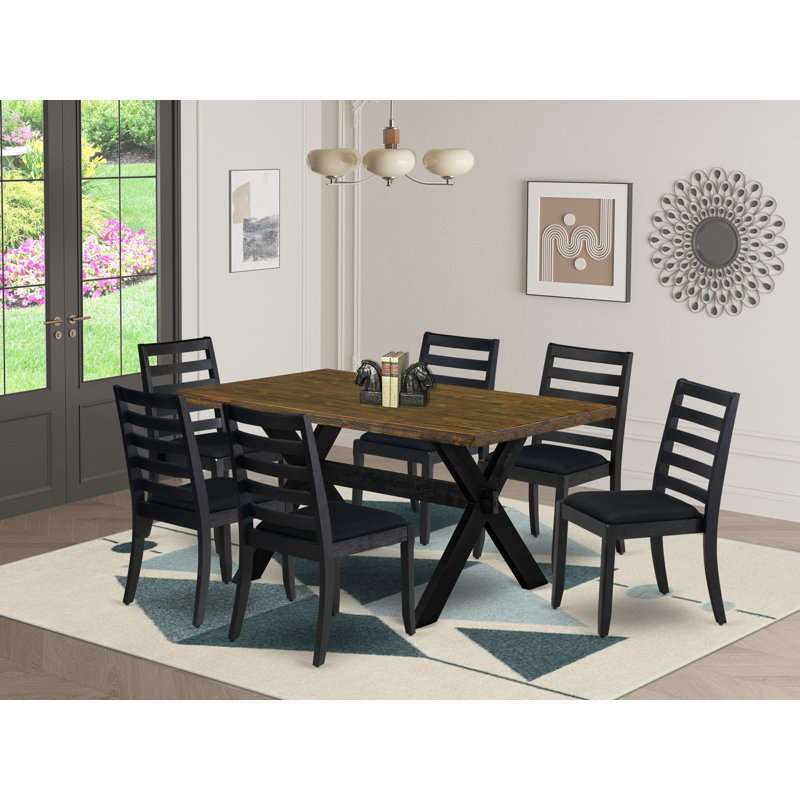 Ensemble de table de cuisine 7 pièces composé d'une table en bois avec plateau et de 6 chaises empilables avec tissu en polyester noir - noir brossé
