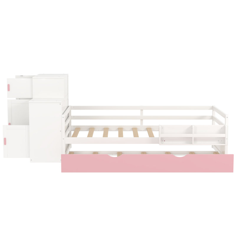Lit plateforme simple en bois avec bibliothèque pour échantillon et garde-robe mobile, lit multifonctionnel avec lit gigogne intégré,
