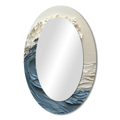 White And Blue Papercut Style Wave IV - Large Oval Wall Mirror On Metal
