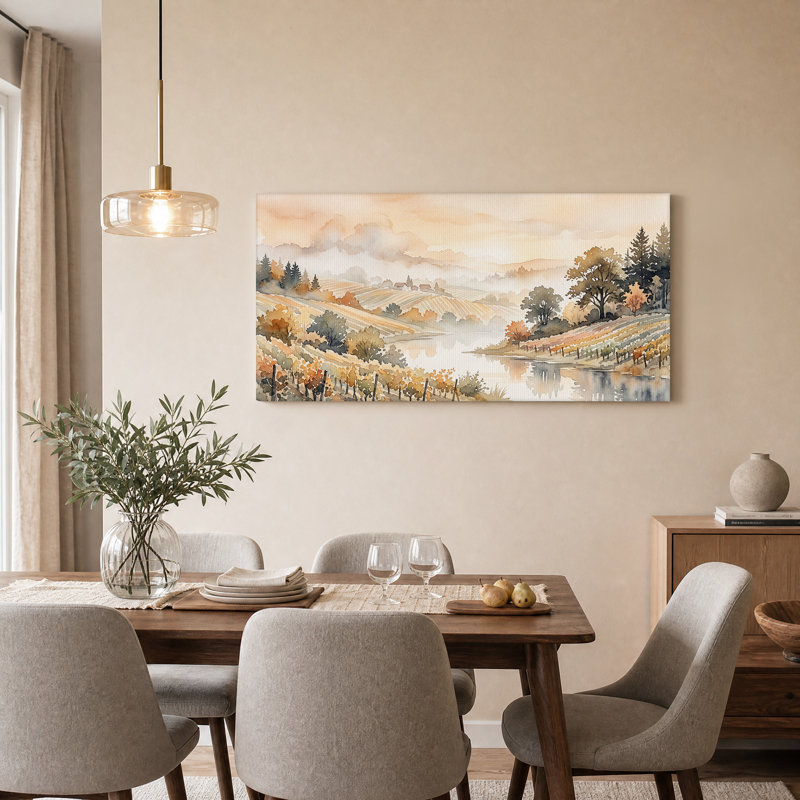 «Autumn Vineyard Landscape in Aquarelle», art mural sur toile, 32“W x 16”H