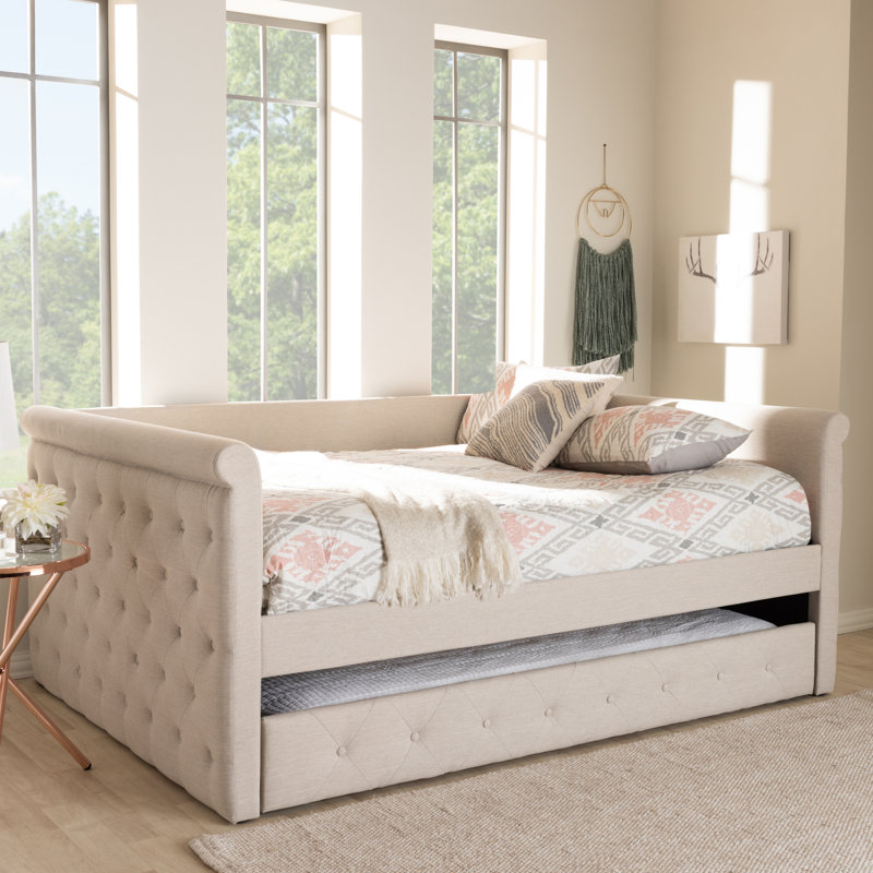 Samitha Upholstered Daybed, Light Beige Velvet, Queen