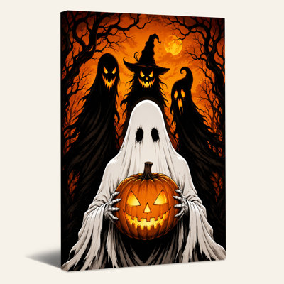 Toile fantôme tenant une citrouille rougeoyante avec des sorcières en Halloween