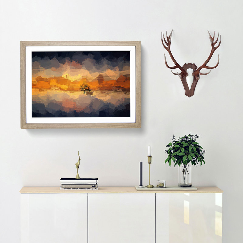 A Boat at Sunset in Abstract - Picture Frame Graphic Art Print, 36cm H x 48cm W x 2cm D, Oak Framed