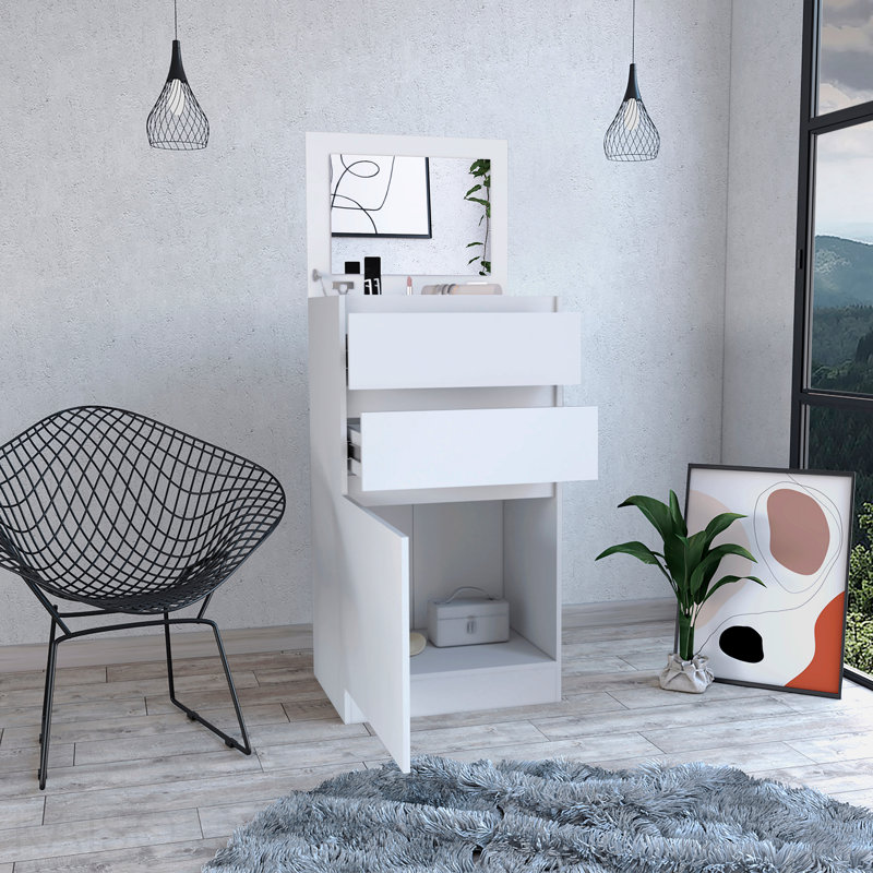 Commode avec boîte à bijoux, armoire à une porte, miroir, deux tiroirs - blanc