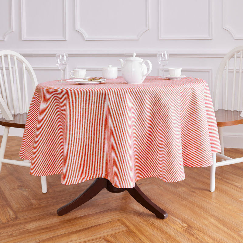 Narrow Stripe - 100% Pure Linen Tablecloth, Red/White, 70" Round