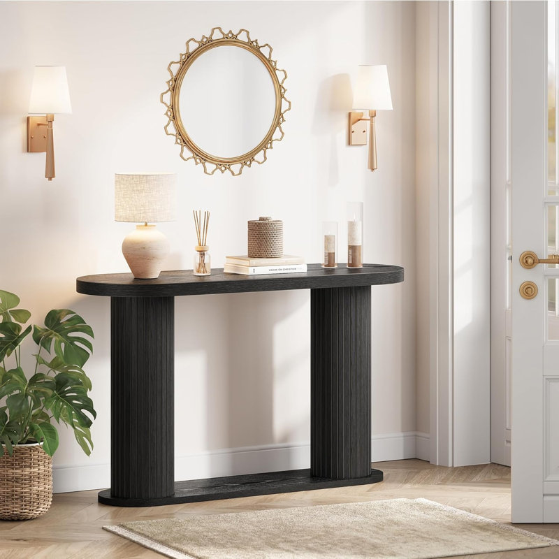 Console cannelée, table d'entrée étroite en bois avec tablette de rangement 42,5 pouces, Black, Black, Black