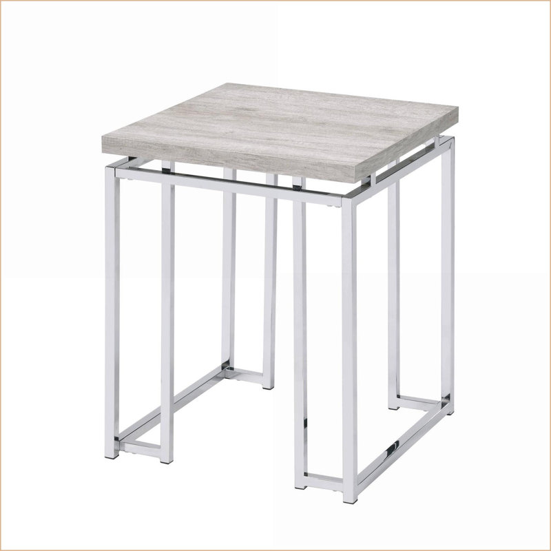 Table basse moderne en chêne naturel avec base en métal chromé, surface spacieuse pour le salon