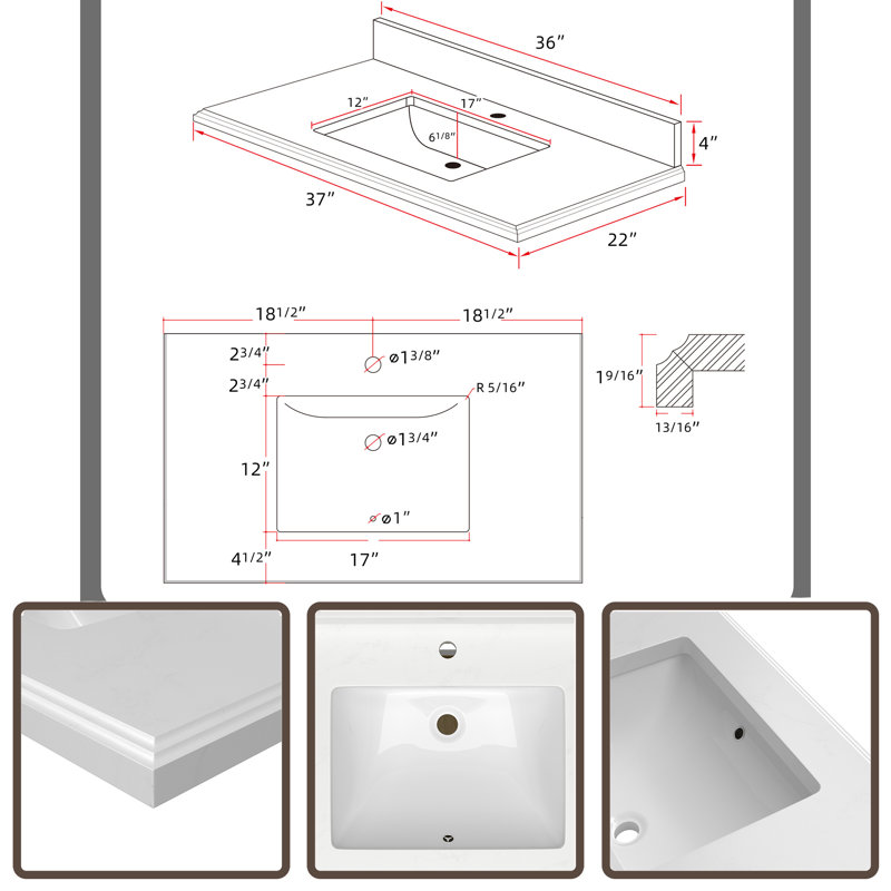 36'' Single Bathroom Vanity Top with Sink
