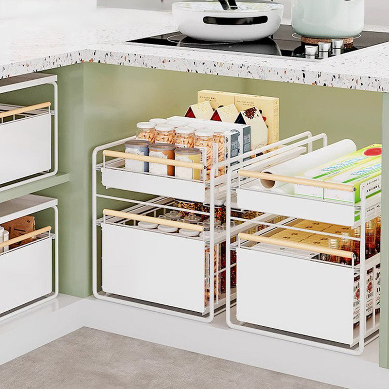 Organisateur d'armoire coulissant à 2 niveaux en acier inoxydable, glissières d'amortissement à fermeture en douceur, panier en métal chromé robuste avec doublure de tablette pour armoires de cuisine Garde-manger sous l'évier