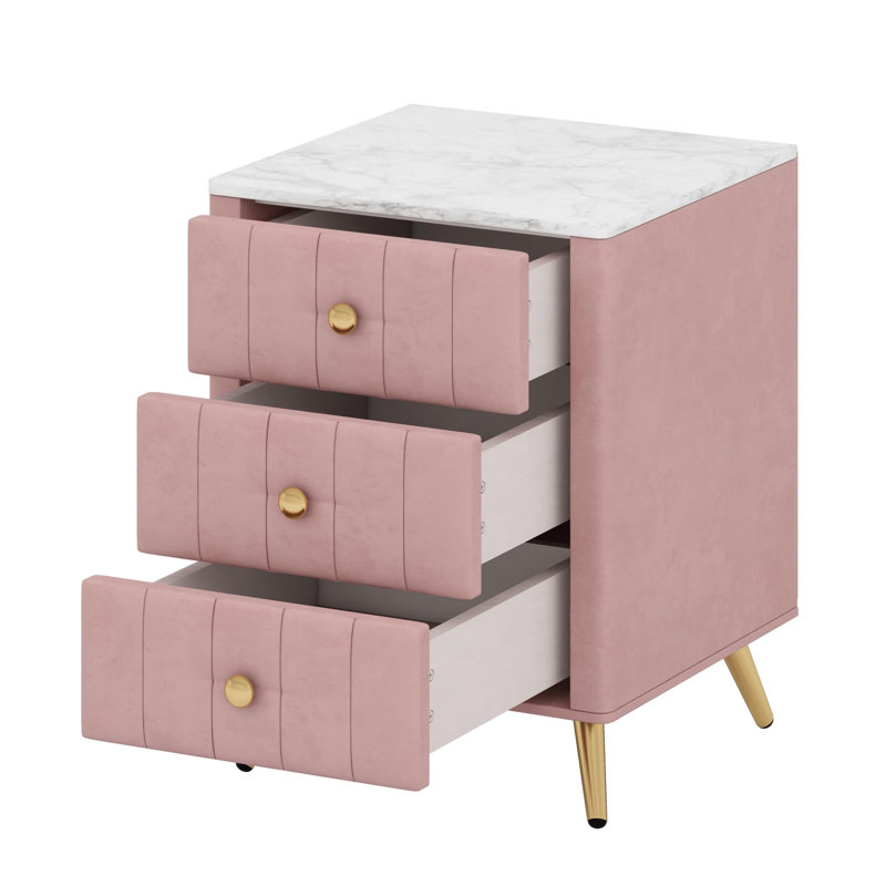 Table de chevet rembourrée avec tiroirs, pieds en métal et marbre, Rose