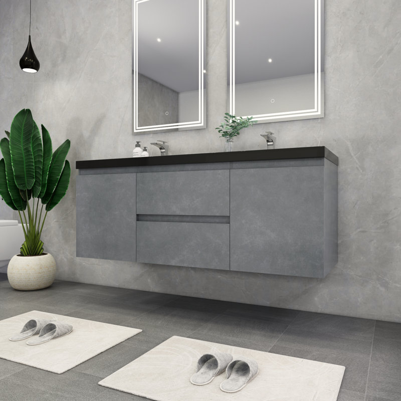 Ensemble de meuble-lavabo double mural 60 po Castin, Gris ciment