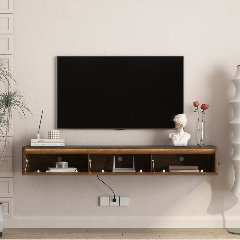 Meuble télé flottant, meuble télé mural avec lumières DEL et prise de courant, meuble télé ultrabrillant