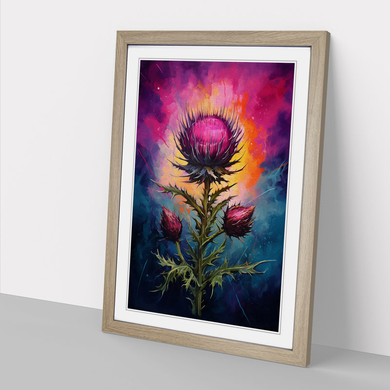 XYZ-FRM-V1223-6153 Thistle Tachisme - Single Picture Frame Print on Wood, 34cm H x 25cm W x 2cm D, Oak 