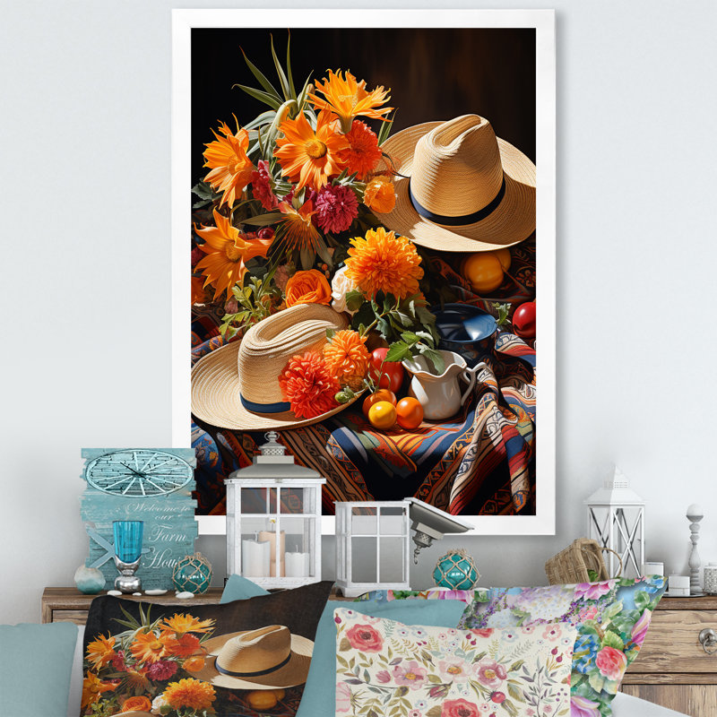 Sombrero mexicain Floral Shades II - Art mural mexicain, H 40 po x l 30 po x P 1,5 po, Cadre simple blanc