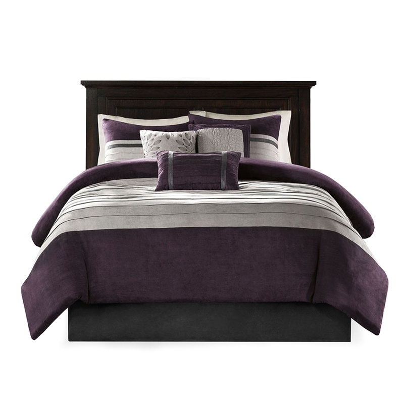Ensemble de couette 7 pièces Queen violet - Douceur imitation suède, intérieur, oreillers brodés, facile à désinfecter, texture douce, détails décoratifs, lavable à la machine